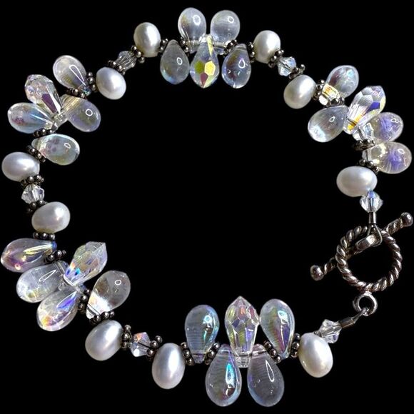 SWAROVSKI Crystal Genuine Freshwater Pearl and Aurora Borealis AB Teardrop Cryst - Picture 1 of 5